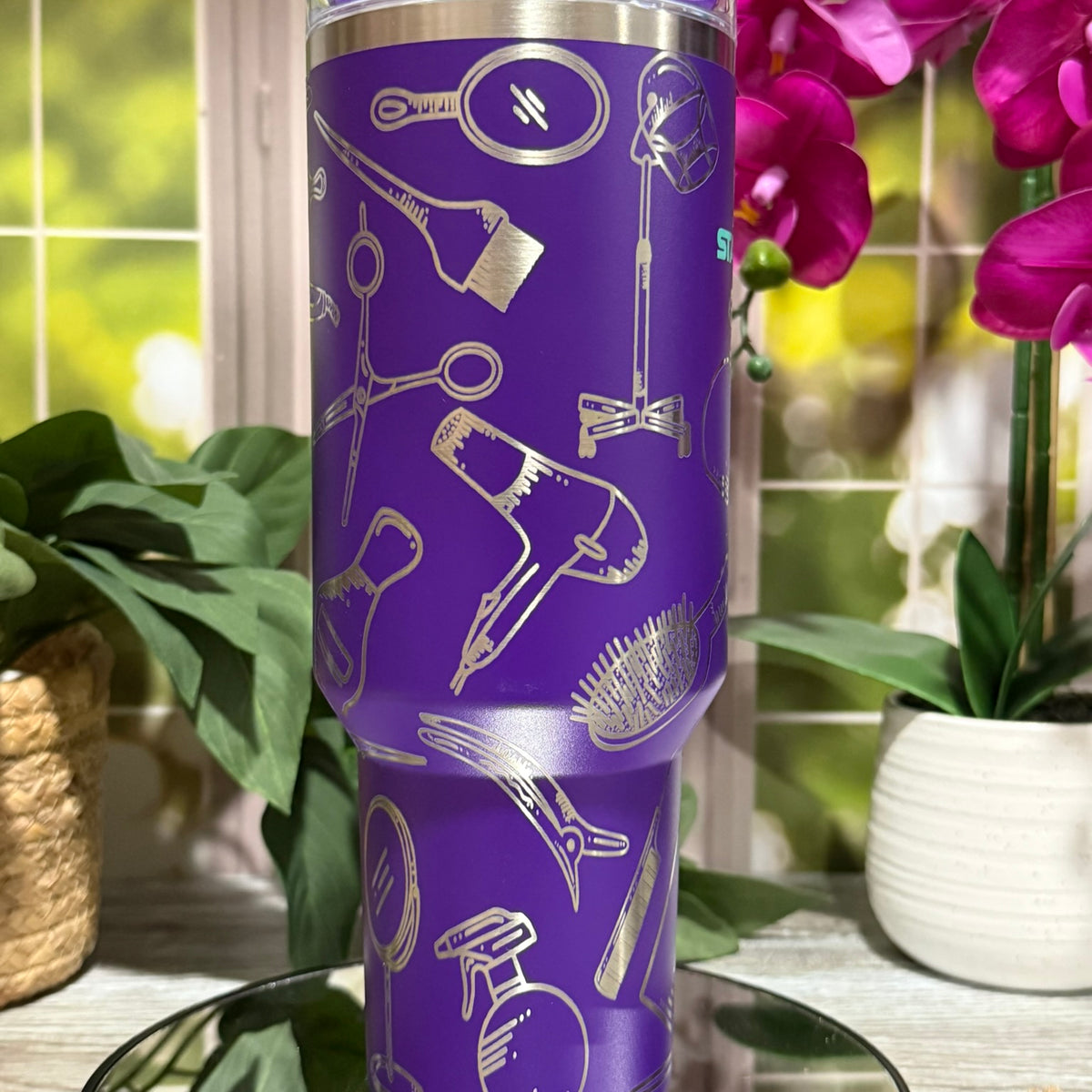 Hairstylist & Esthetician 40oz Stanley Deep Purple Tumbler Cup with Handle – laser engraved Salon Tools Design, Ready to Ship