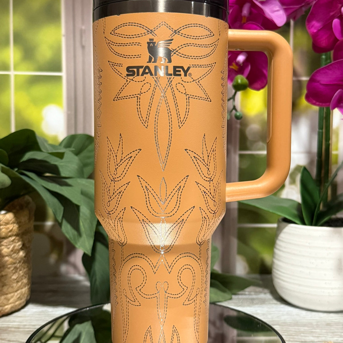 40oz Stanley Camel tumbler cup with handle, laser engraved with western boot stitch design – cowboy inspired drinkware, ready to ship.