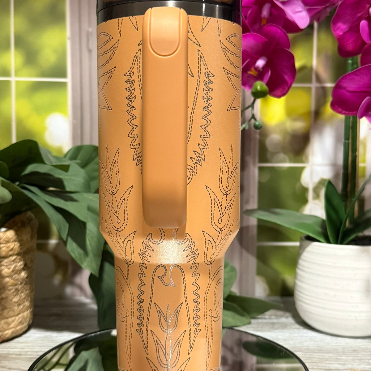 Western Boot Design 40oz Stanley Camel Tumbler Cup with Handle – laser engraved Cowboy Western Cup, Ready to Ship