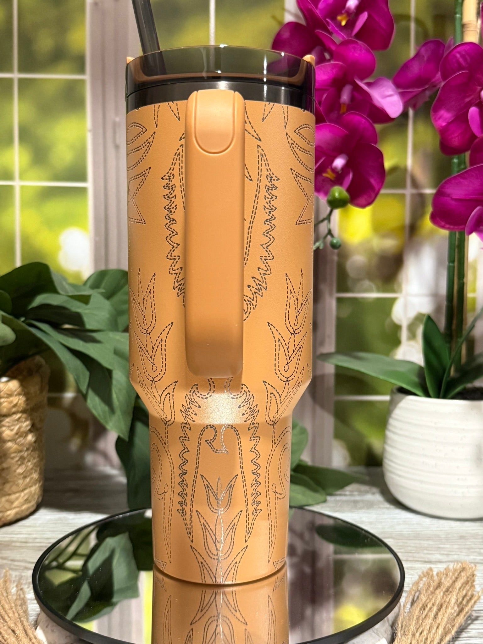 Western Boot Design 40oz Stanley Camel Tumbler Cup with Handle – Laser Engraved Cowboy Western Cup, Ready to Ship