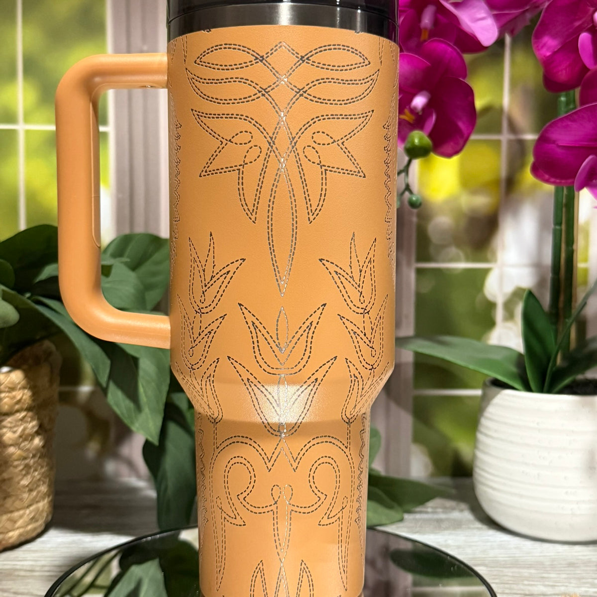 Western Boot Design 40oz Stanley Camel Tumbler Cup with Handle – laser engraved Cowboy Western Cup, Ready to Ship