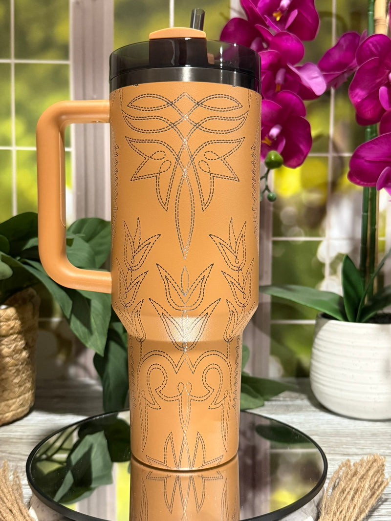 Western Boot Design 40oz Stanley Camel Tumbler Cup with Handle – laser engraved Cowboy Western Cup, Ready to Ship