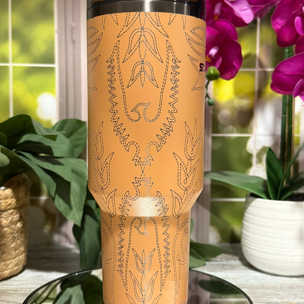 Western Boot Design 40oz Stanley Camel Tumbler Cup with Handle – laser engraved Cowboy Western Cup, Ready to Ship