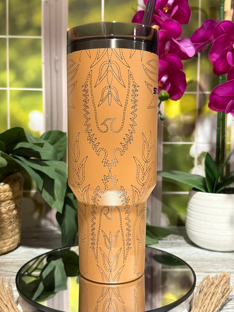 Western Boot Design 40oz Stanley Camel Tumbler Cup with Handle – laser engraved Cowboy Western Cup, Ready to Ship