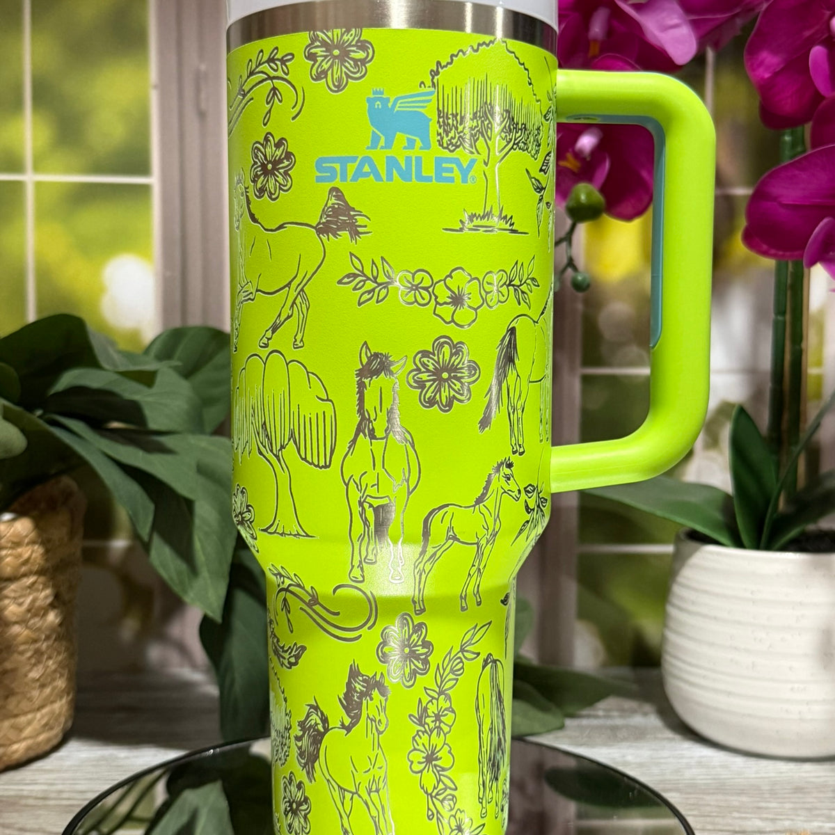 40oz Stanley Bright Lime tumbler cup with handle, laser engraved with horse and equestrian design – ready to ship.