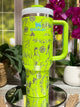 40oz Stanley Bright Lime tumbler cup with handle, laser engraved with horse and equestrian design – ready to ship.