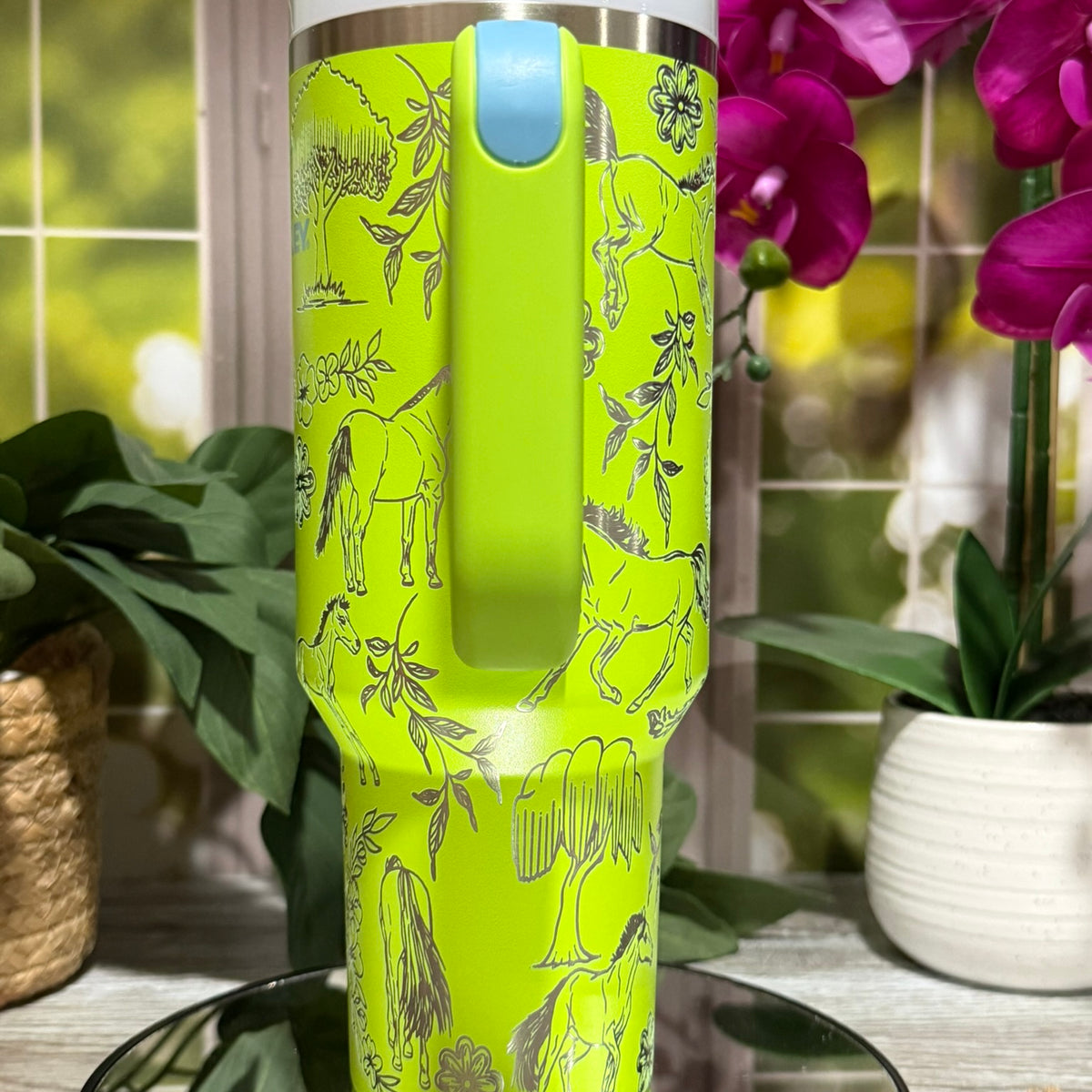 Horses Design 40oz Stanley Bright Lime Tumbler Cup with Handle – laser engraved Equestrian Cup, Ready to Ship