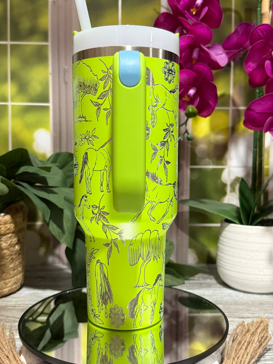 Horses Design 40oz Stanley Bright Lime Tumbler Cup with Handle – laser engraved Equestrian Cup, Ready to Ship