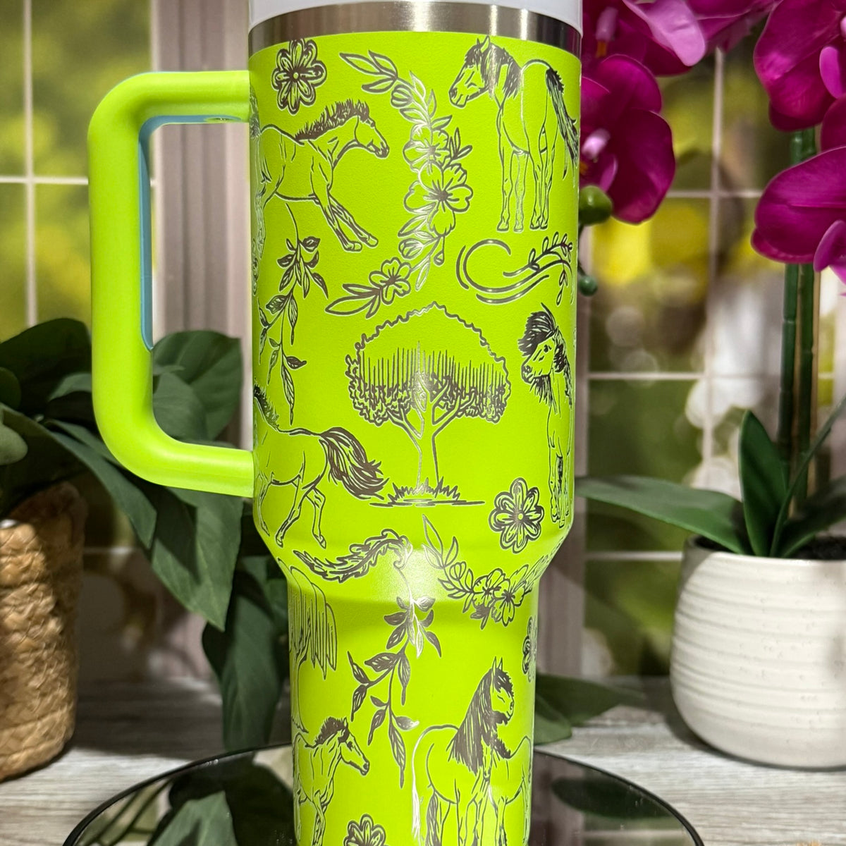 Horses Design 40oz Stanley Bright Lime Tumbler Cup with Handle – laser engraved Equestrian Cup, Ready to Ship