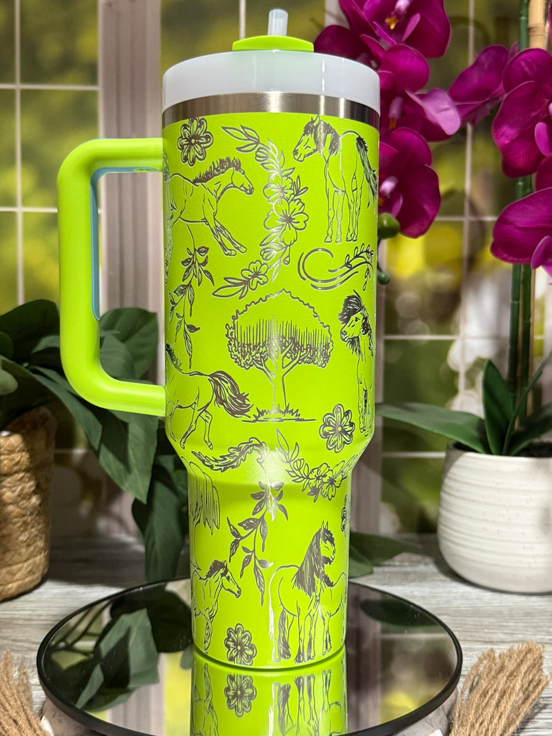 Horses Design 40oz Stanley Bright Lime Tumbler Cup with Handle – laser engraved Equestrian Cup, Ready to Ship