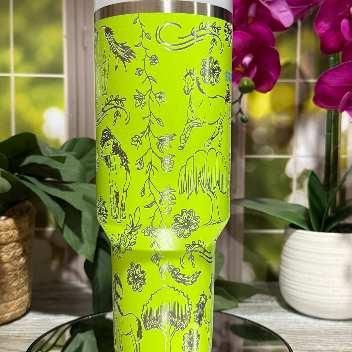 Horses Design 40oz Stanley Bright Lime Tumbler Cup with Handle – laser engraved Equestrian Cup, Ready to Ship