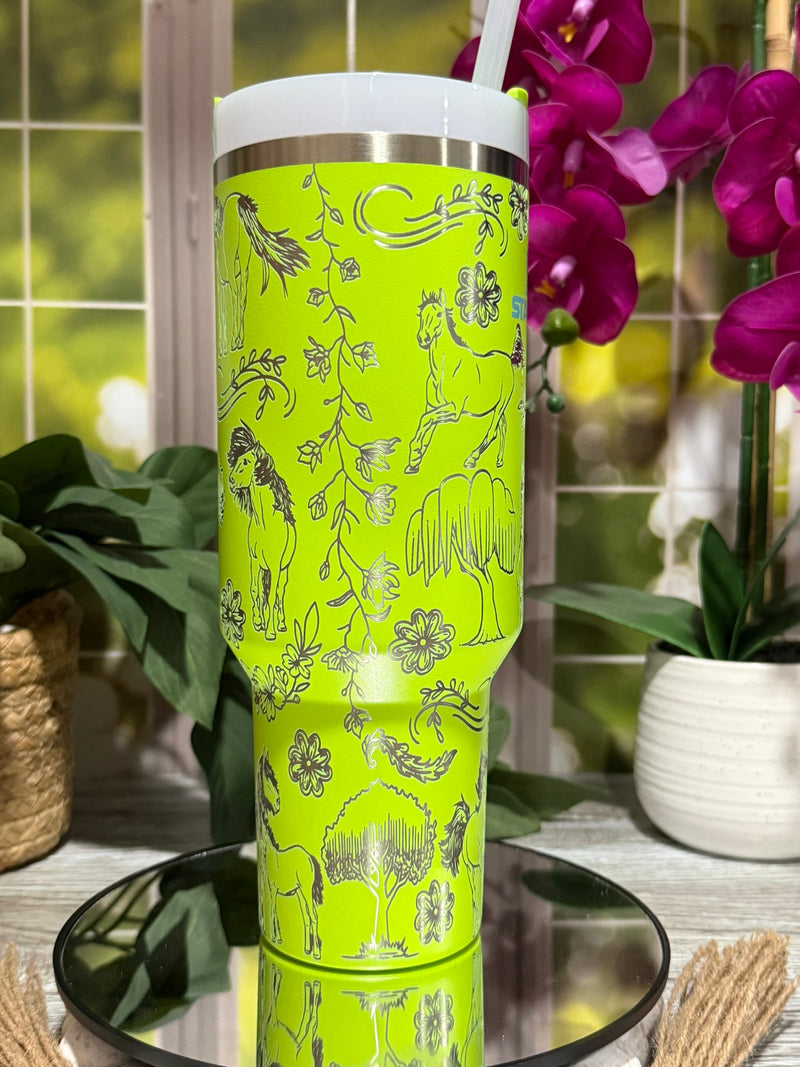 Horses Design 40oz Stanley Bright Lime Tumbler Cup with Handle – laser engraved Equestrian Cup, Ready to Ship