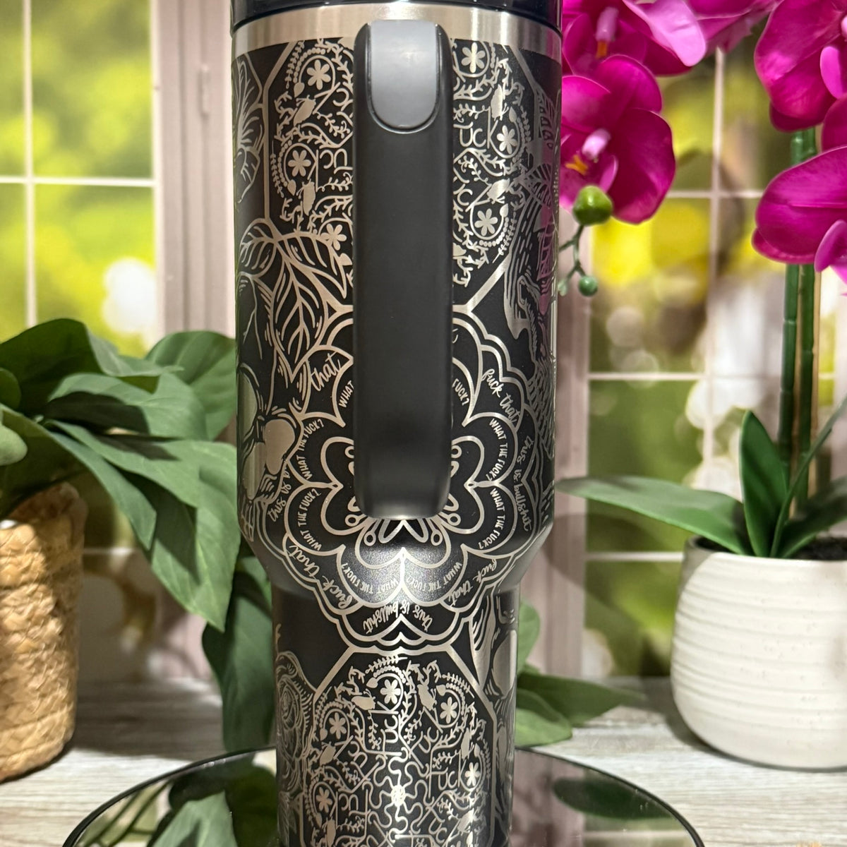 Skulls & Cuss Words 40oz Black Stanley Tumbler Cup with Handle – laser engraved Edgy Design, Ready to Ship