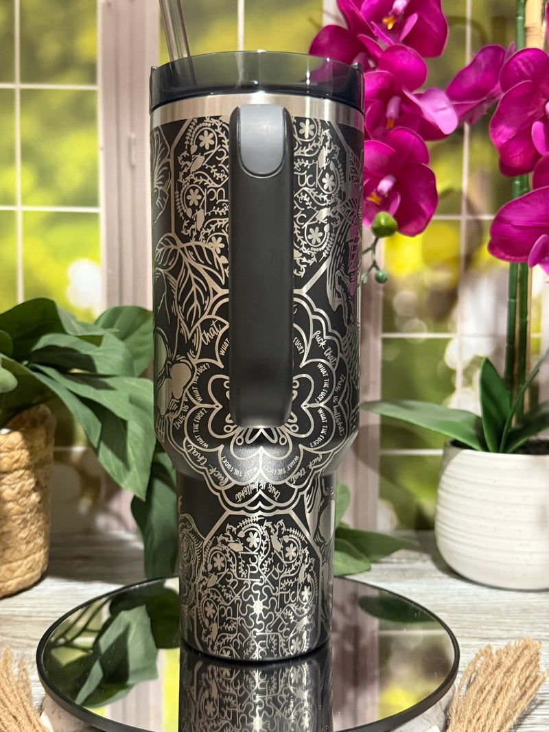 Skulls & Cuss Words 40oz Black Stanley Tumbler Cup with Handle – laser engraved Edgy Design, Ready to Ship