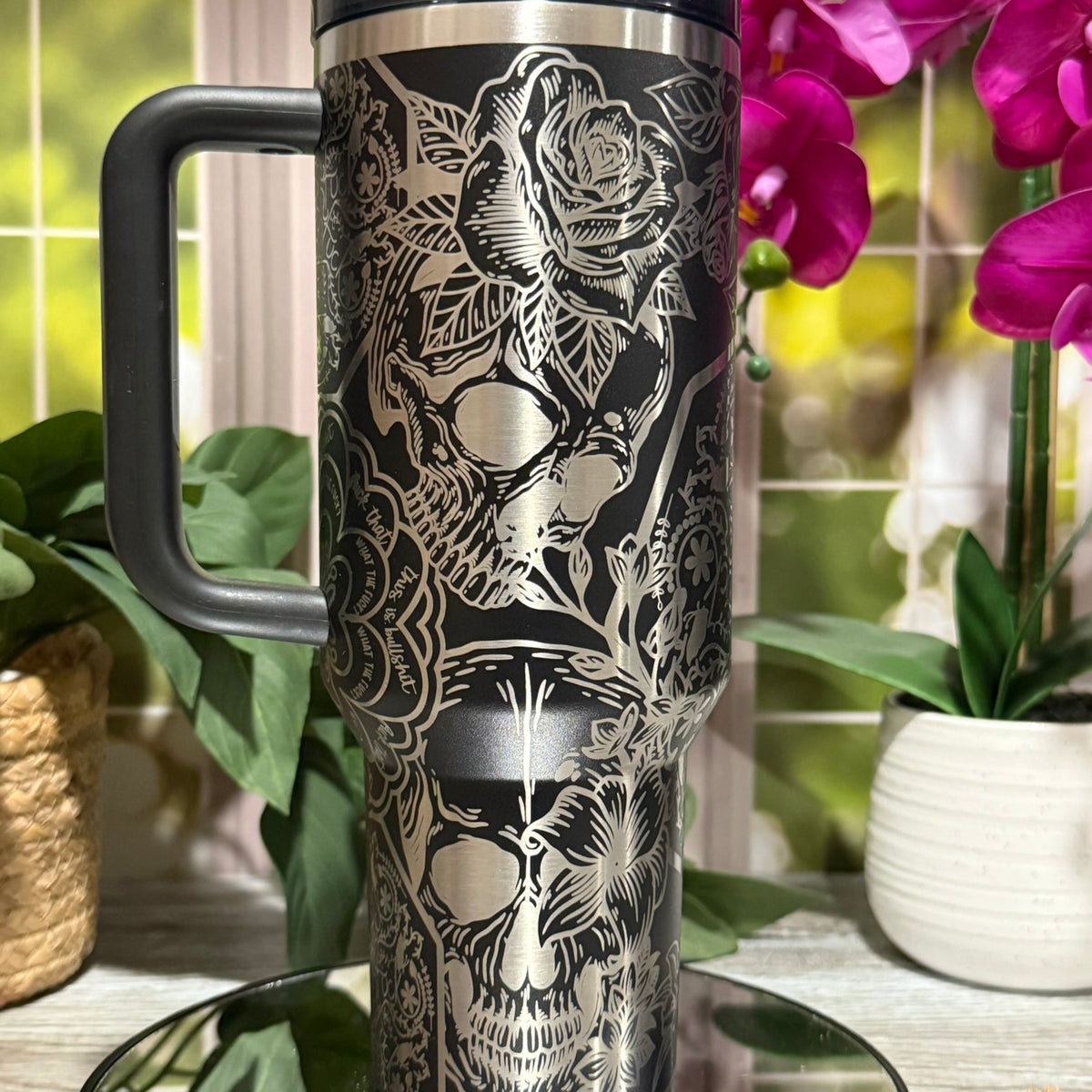 Skulls & Cuss Words 40oz Black Stanley Tumbler Cup with Handle – laser engraved Edgy Design, Ready to Ship