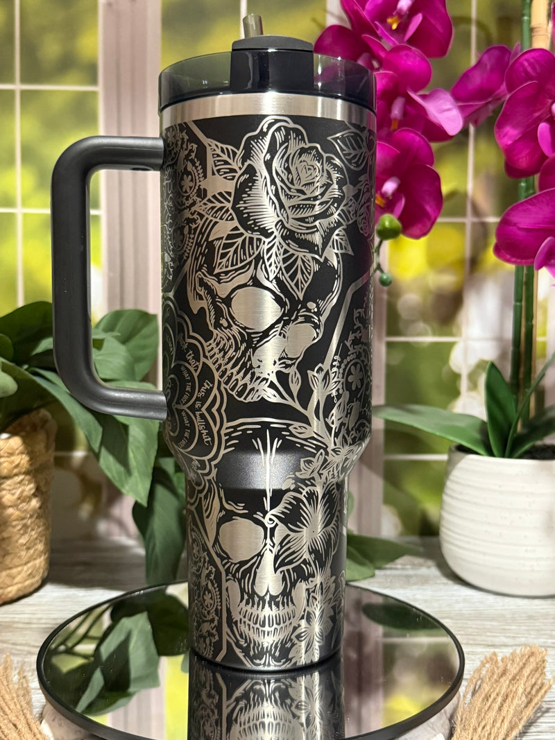 Skulls & Cuss Words 40oz Black Stanley Tumbler Cup with Handle – laser engraved Edgy Design, Ready to Ship