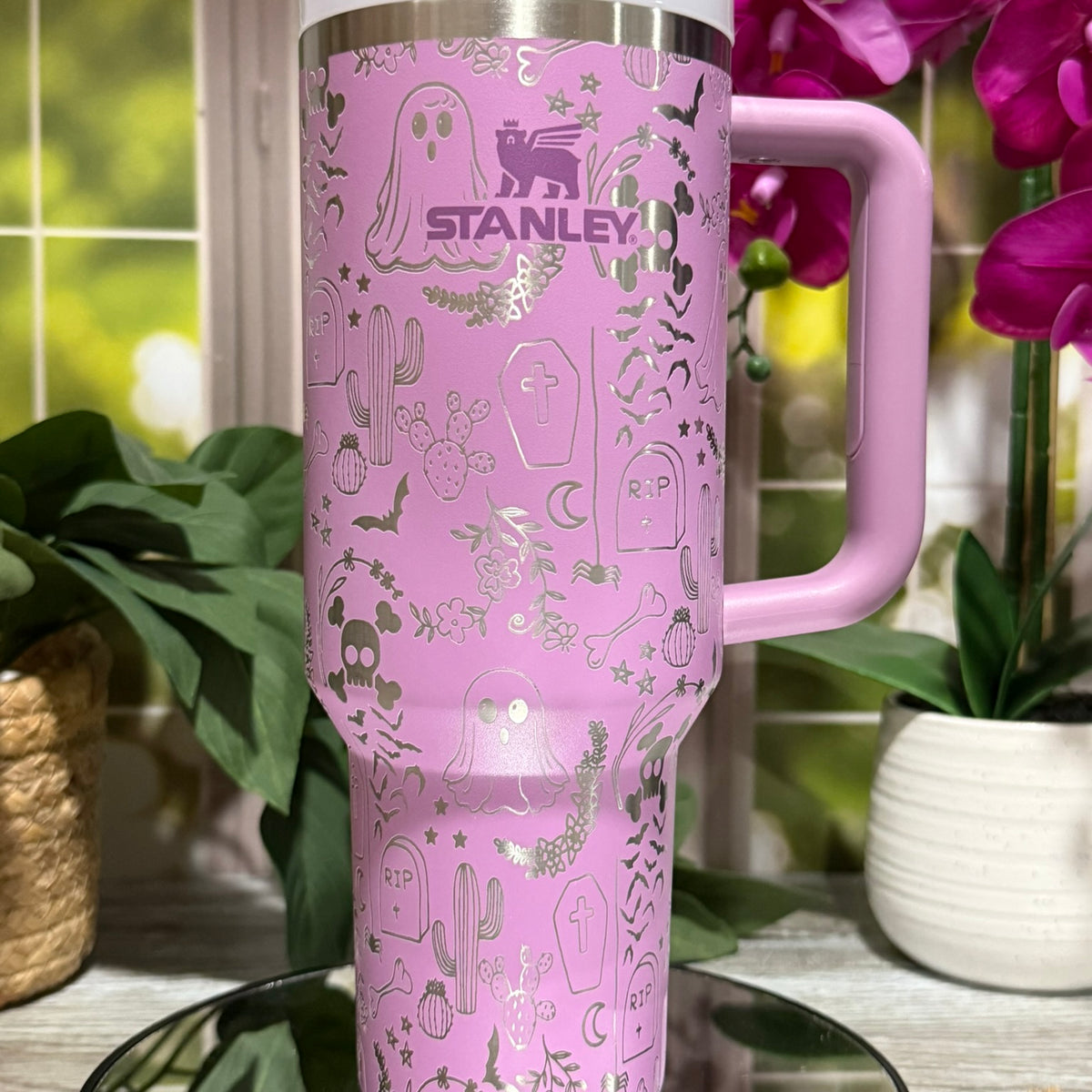 40oz Stanley Lilac tumbler cup with handle, laser engraved with Halloween Ghost Doodles design including ghosts, gravestones, bats, and stars – ready to ship.