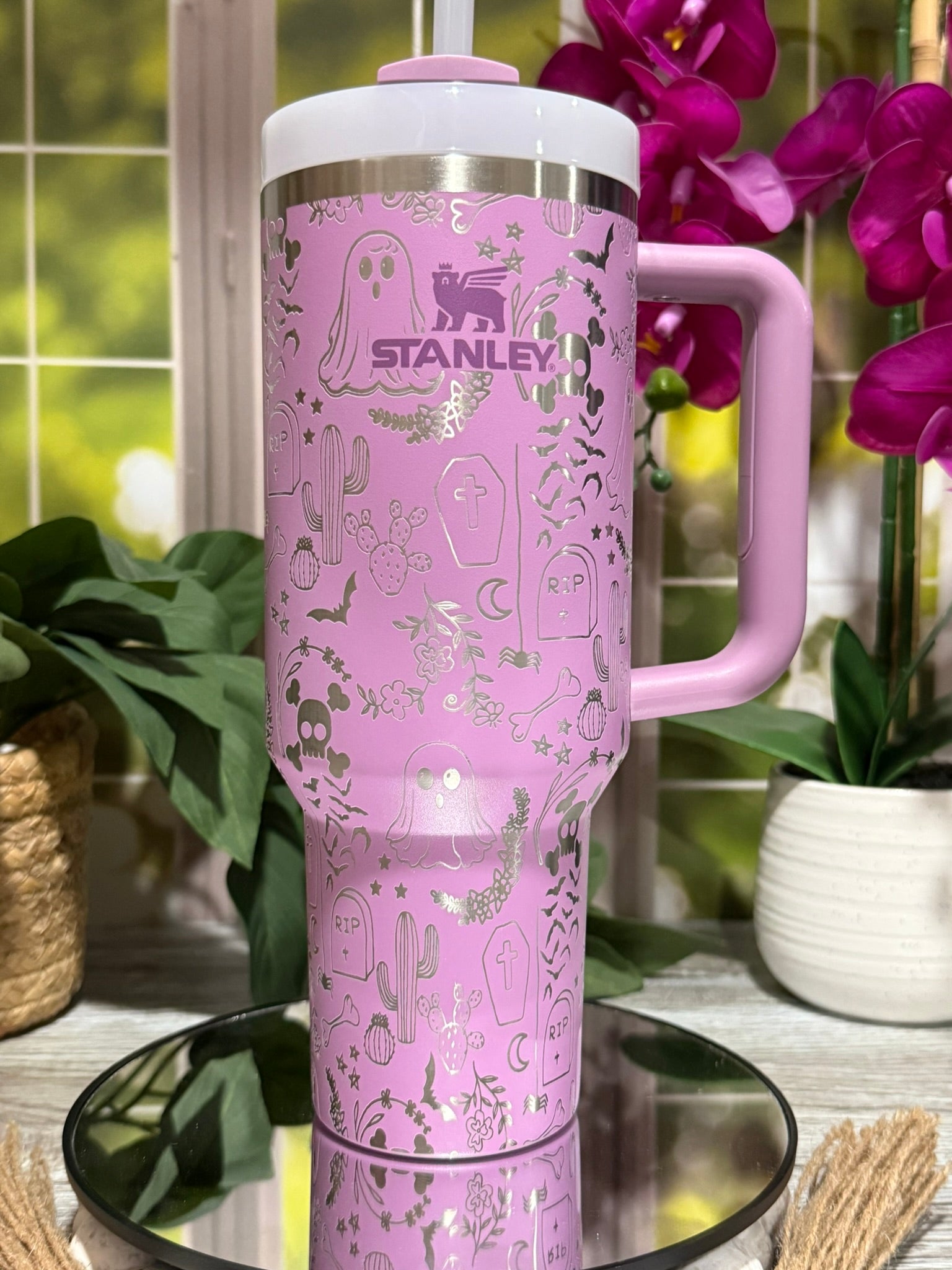 40oz Stanley Lilac tumbler cup with handle, laser engraved with Halloween Ghost Doodles design including ghosts, gravestones, bats, and stars – ready to ship.