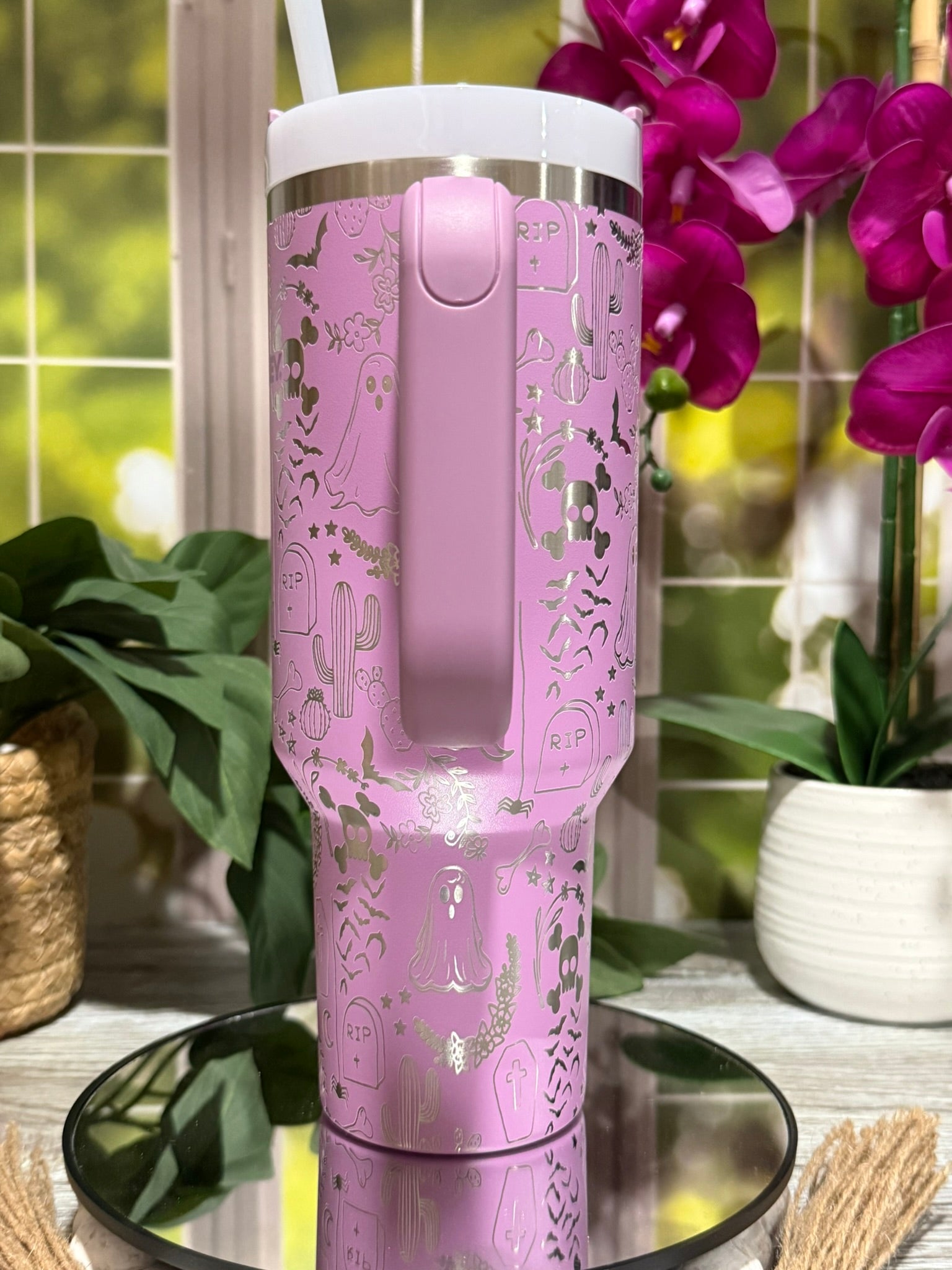 Halloween Ghost Doodles 40oz Stanley Lilac Tumbler Cup with Handle – Laser Engraved Spooky Design, Ready to Ship