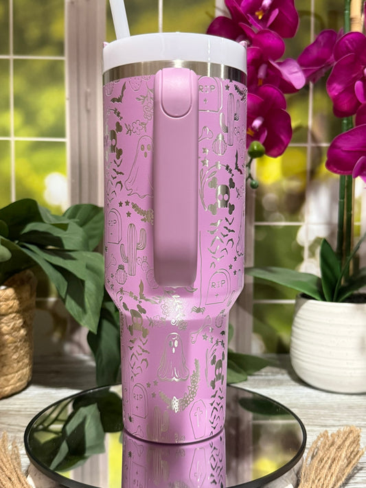 Halloween Ghost Doodles 40oz Stanley Lilac Tumbler Cup with Handle – laser engraved Spooky Design, Ready to Ship