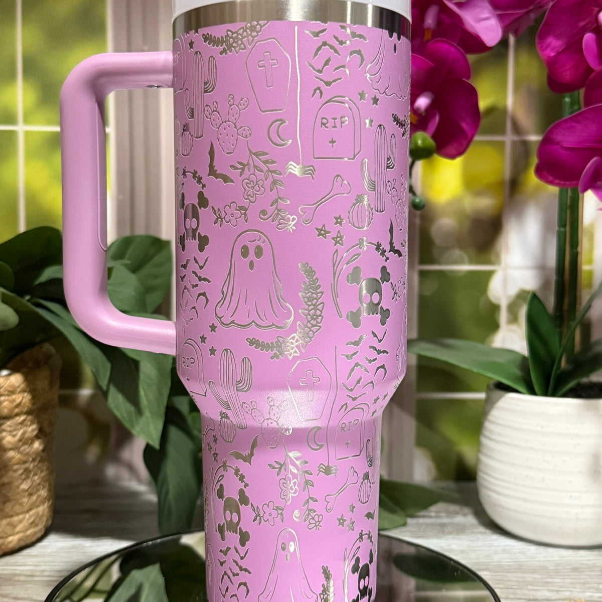 Halloween Ghost Doodles 40oz Stanley Lilac Tumbler Cup with Handle – laser engraved Spooky Design, Ready to Ship