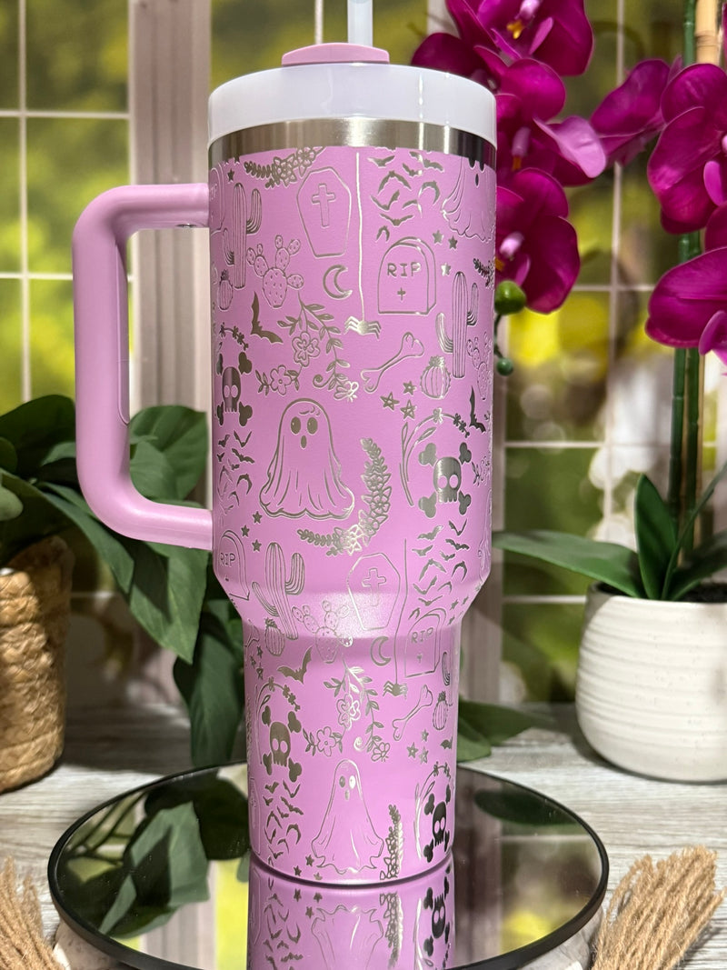 Halloween Ghost Doodles 40oz Stanley Lilac Tumbler Cup with Handle – laser engraved Spooky Design, Ready to Ship