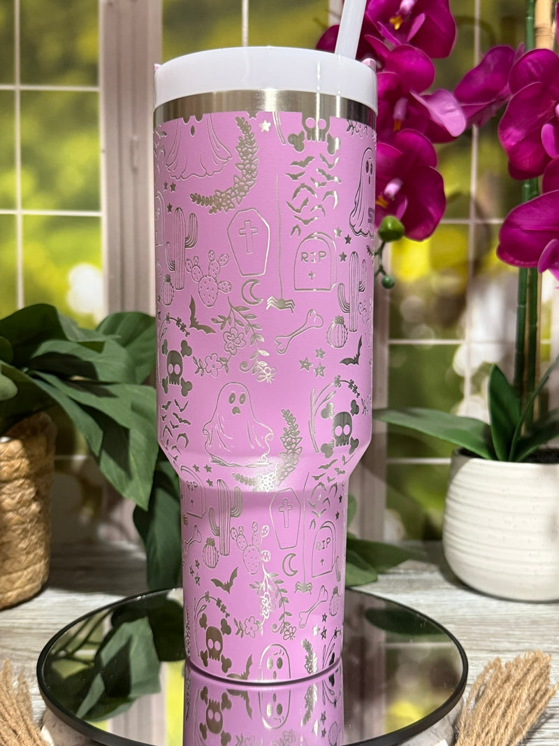 Halloween Ghost Doodles 40oz Stanley Lilac Tumbler Cup with Handle – laser engraved Spooky Design, Ready to Ship