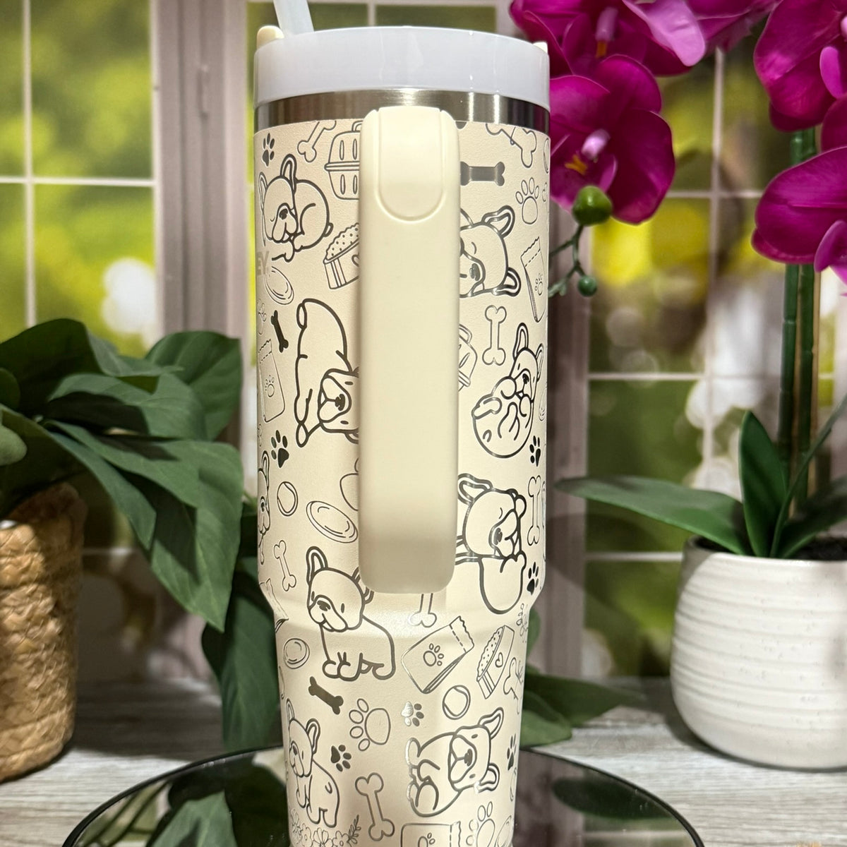French Bulldog Doodles 30oz Stanley Cream Tumbler Cup with Handle – laser engraved Dog Lover Cup, Ready to Ship