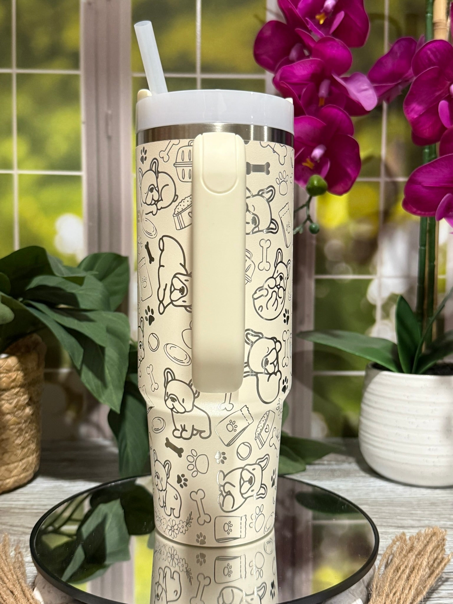 French Bulldog Doodles 30oz Stanley Cream Tumbler Cup with Handle – Laser Engraved Dog Lover Cup, Ready to Ship