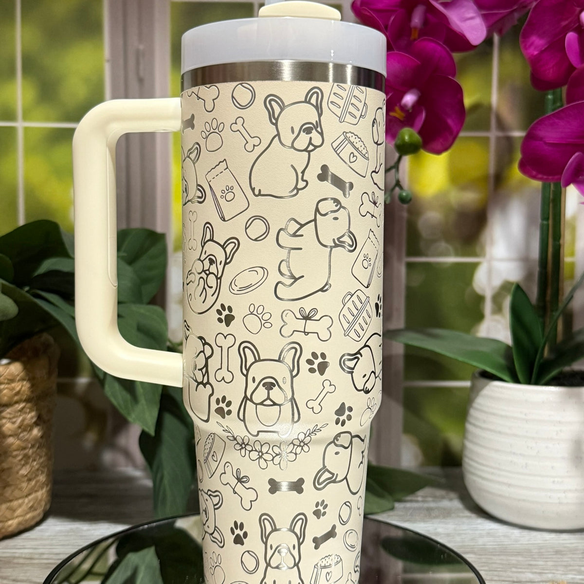 French Bulldog Doodles 30oz Stanley Cream Tumbler Cup with Handle – laser engraved Dog Lover Cup, Ready to Ship