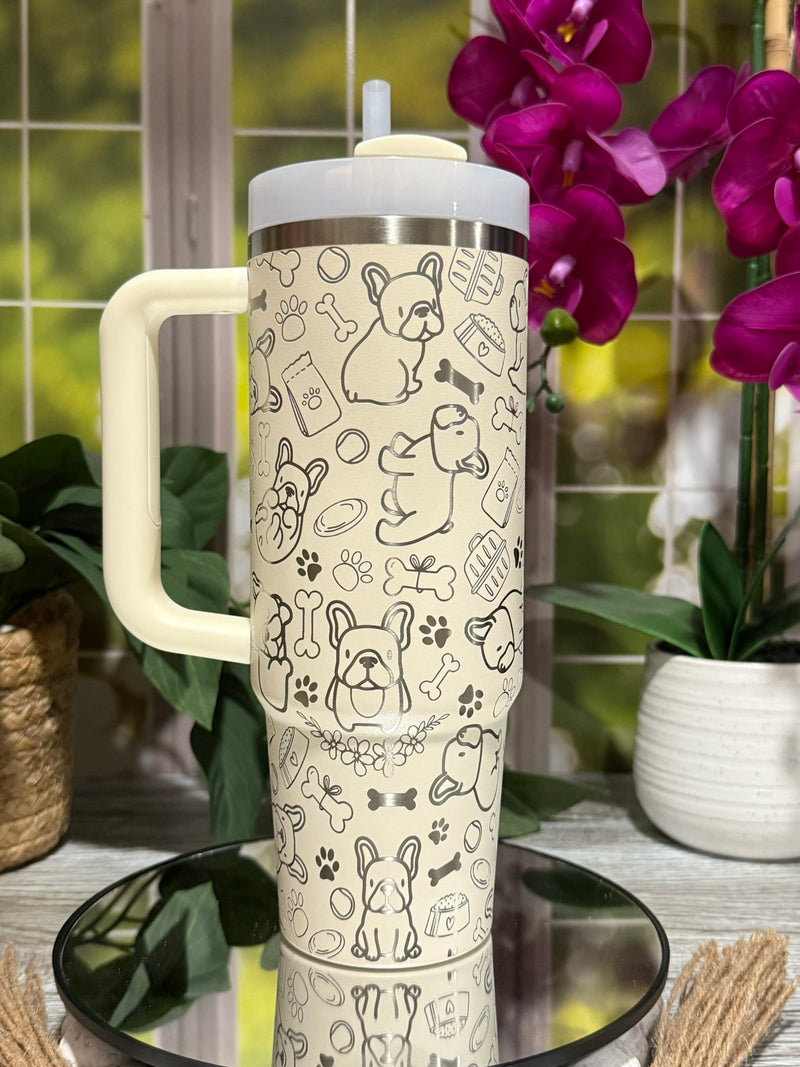 French Bulldog Doodles 30oz Stanley Cream Tumbler Cup with Handle – laser engraved Dog Lover Cup, Ready to Ship