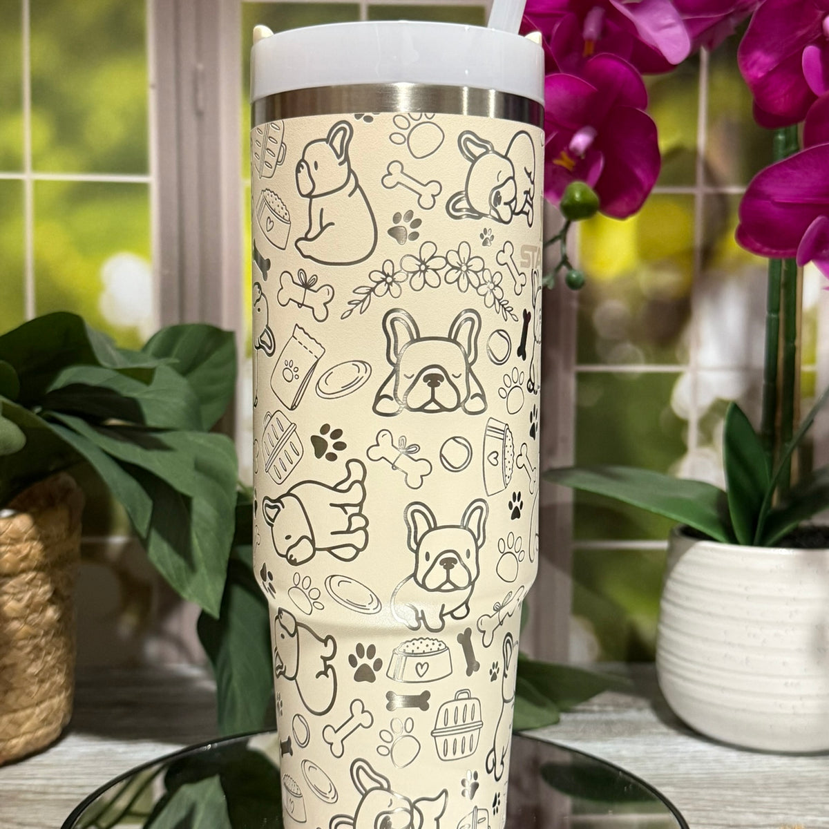 French Bulldog Doodles 30oz Stanley Cream Tumbler Cup with Handle – laser engraved Dog Lover Cup, Ready to Ship