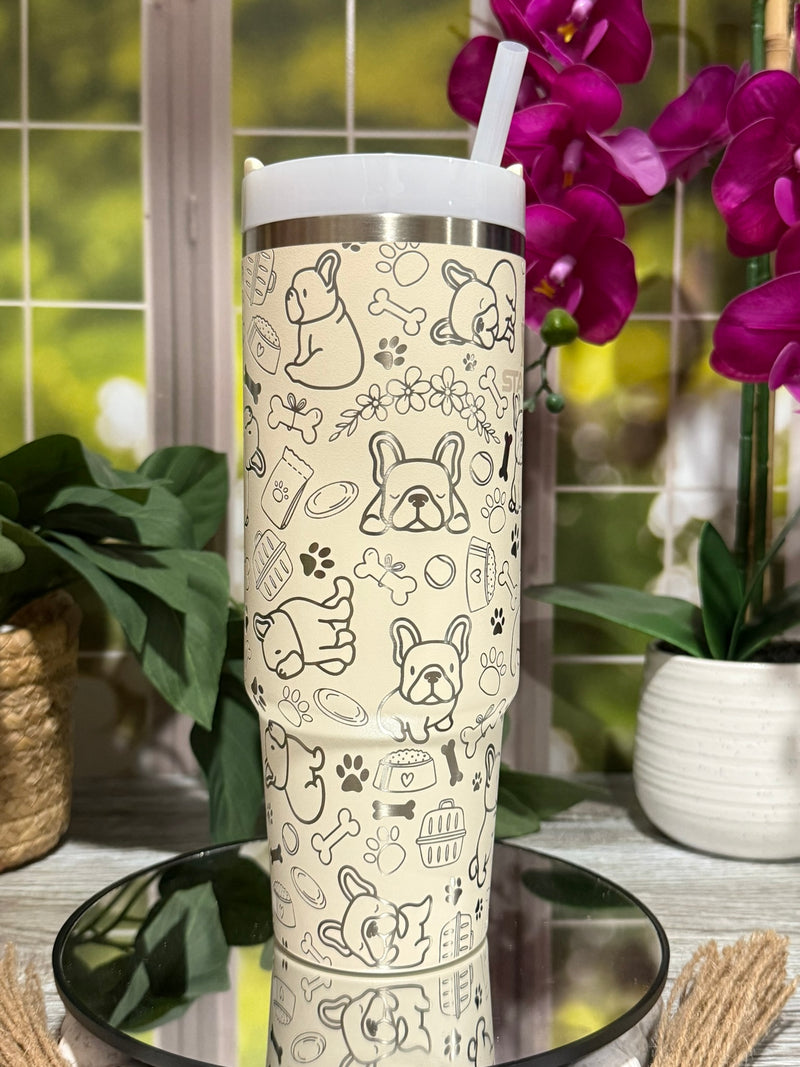 French Bulldog Doodles 30oz Stanley Cream Tumbler Cup with Handle – laser engraved Dog Lover Cup, Ready to Ship