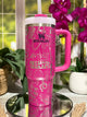 30oz Stanley Fuchsia tumbler cup with handle, laser engraved with Physical Therapy design including PT icons and phrase “You can’t spell party without PT” – ready to ship.