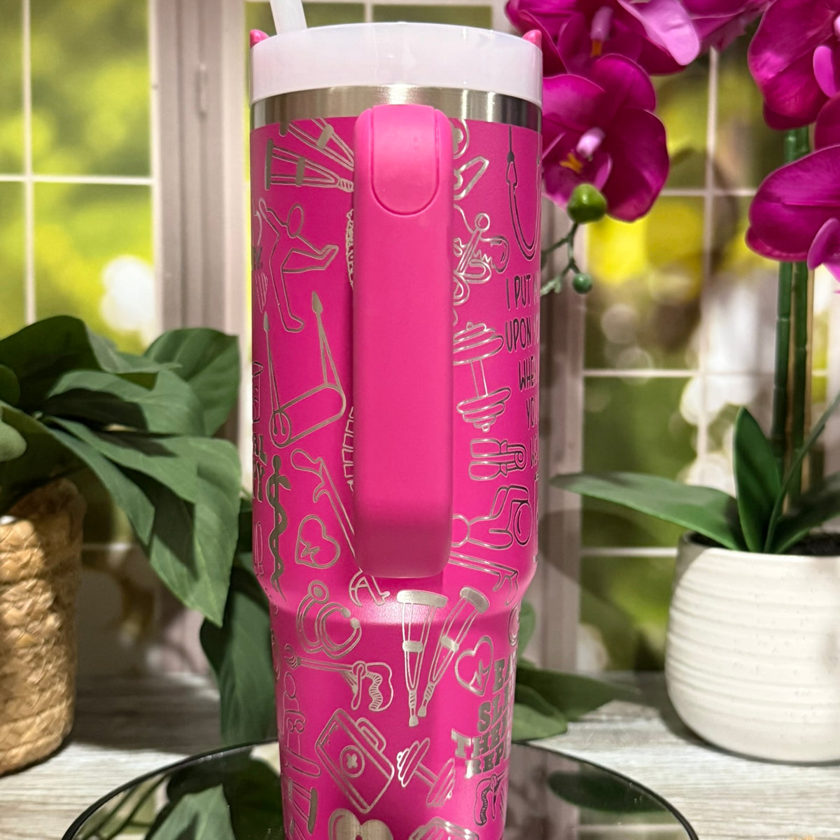 Physical Therapy Design 30oz Stanley Fuchsia Tumbler Cup with Handle – laser engraved PT Gift, Ready to Ship