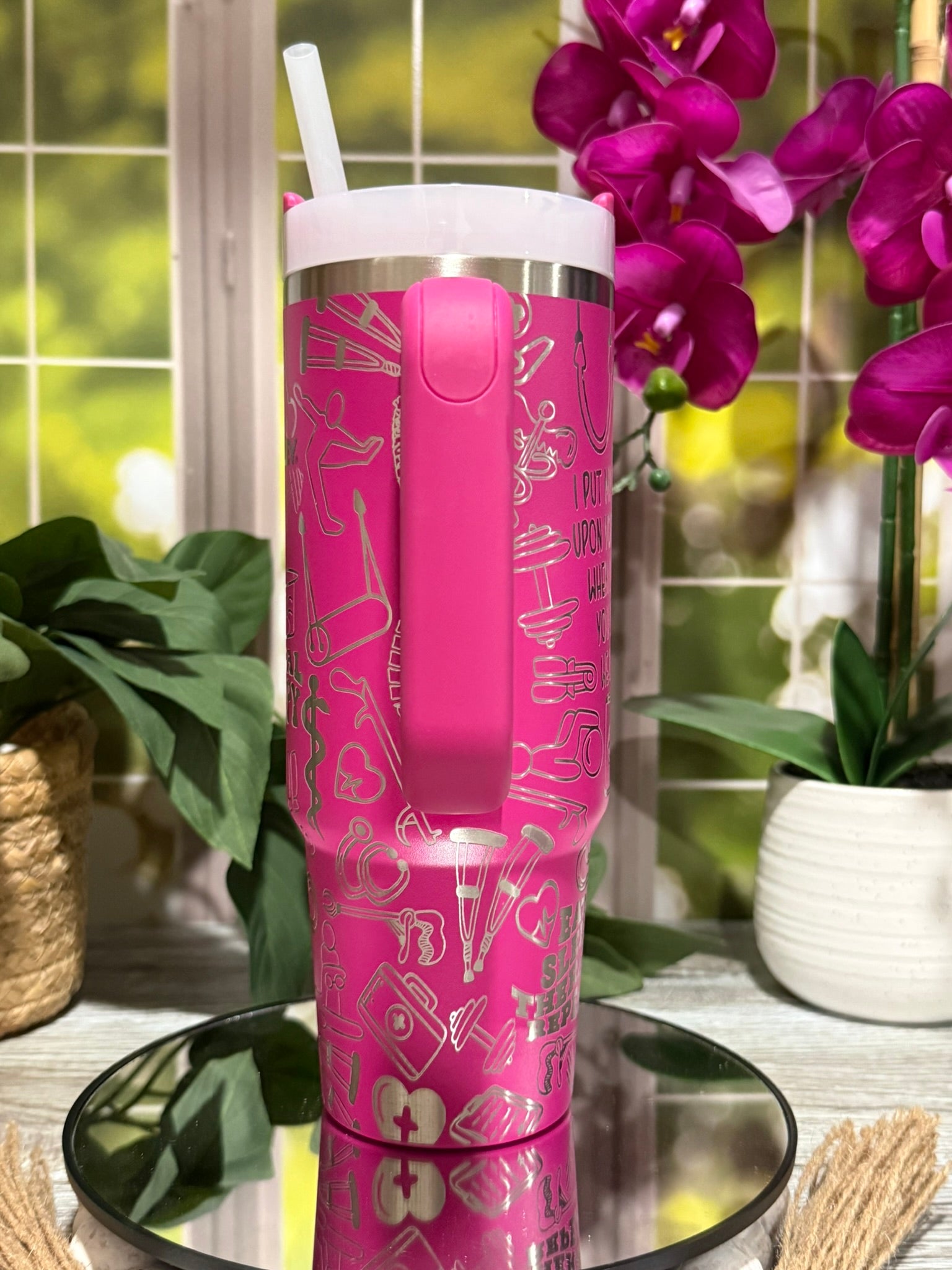 Physical Therapy Design 30oz Stanley Fuchsia Tumbler Cup with Handle – Laser Engraved PT Gift, Ready to Ship