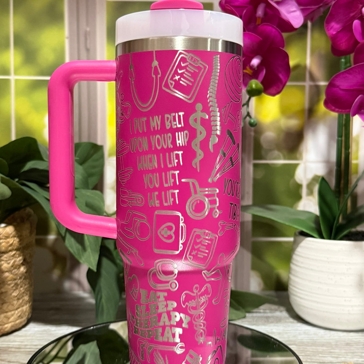 Physical Therapy Design 30oz Stanley Fuchsia Tumbler Cup with Handle – laser engraved PT Gift, Ready to Ship