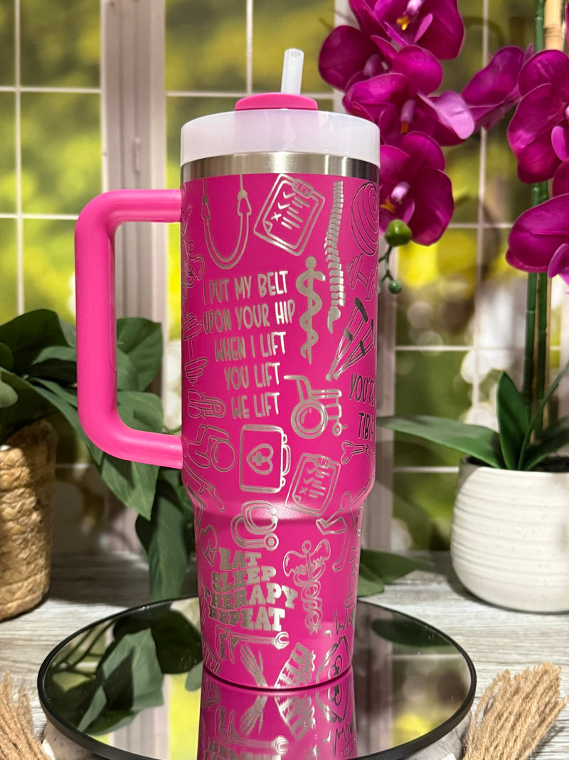 Physical Therapy Design 30oz Stanley Fuchsia Tumbler Cup with Handle – laser engraved PT Gift, Ready to Ship