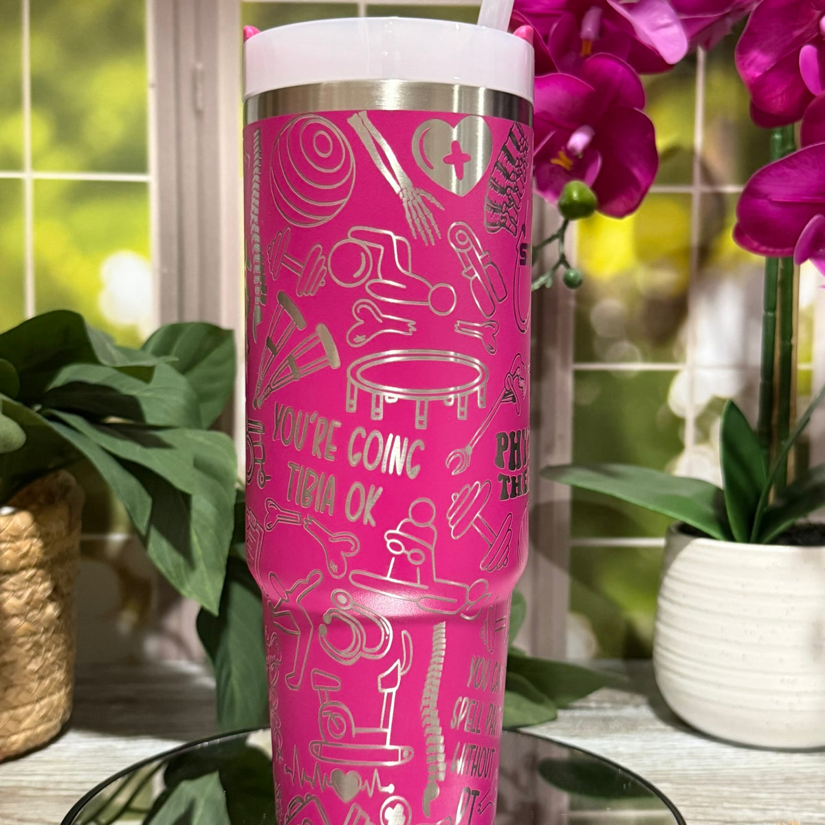 Physical Therapy Design 30oz Stanley Fuchsia Tumbler Cup with Handle – laser engraved PT Gift, Ready to Ship
