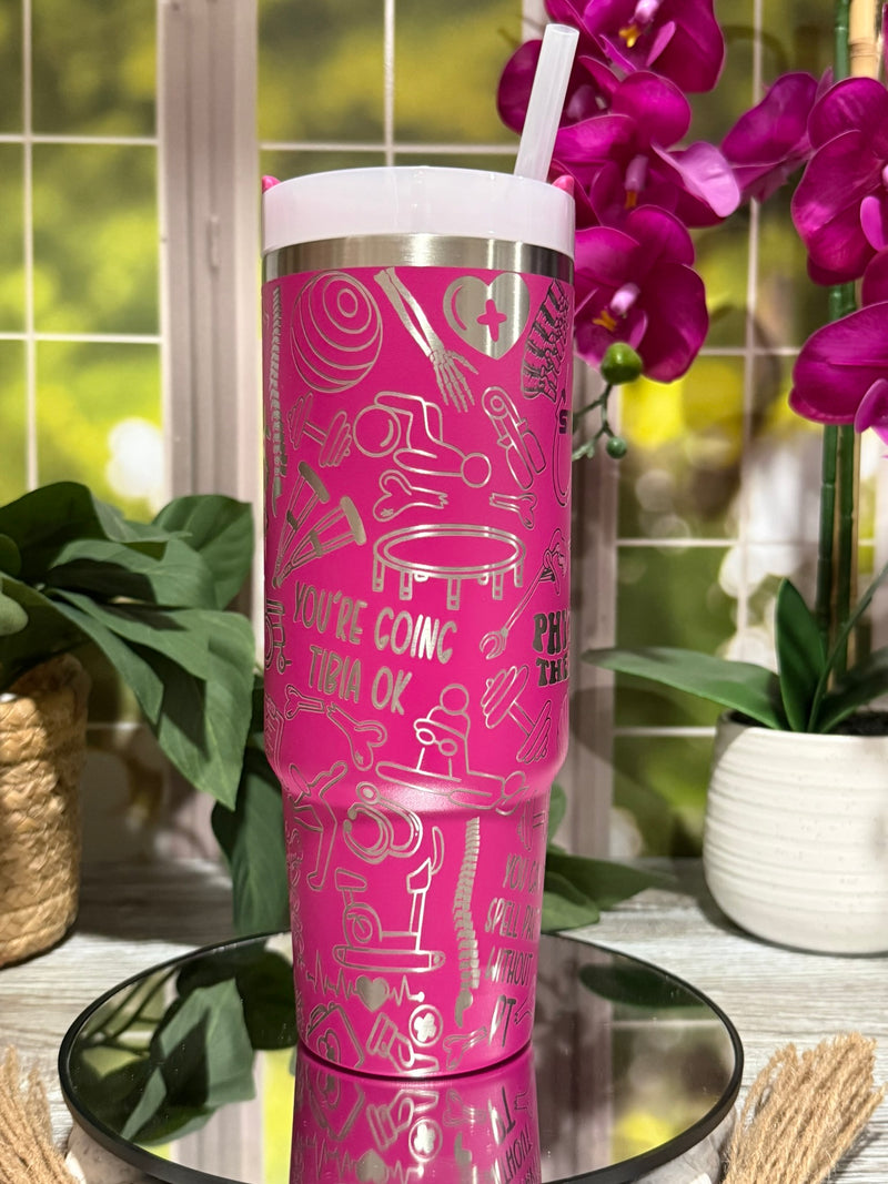 Physical Therapy Design 30oz Stanley Fuchsia Tumbler Cup with Handle – laser engraved PT Gift, Ready to Ship