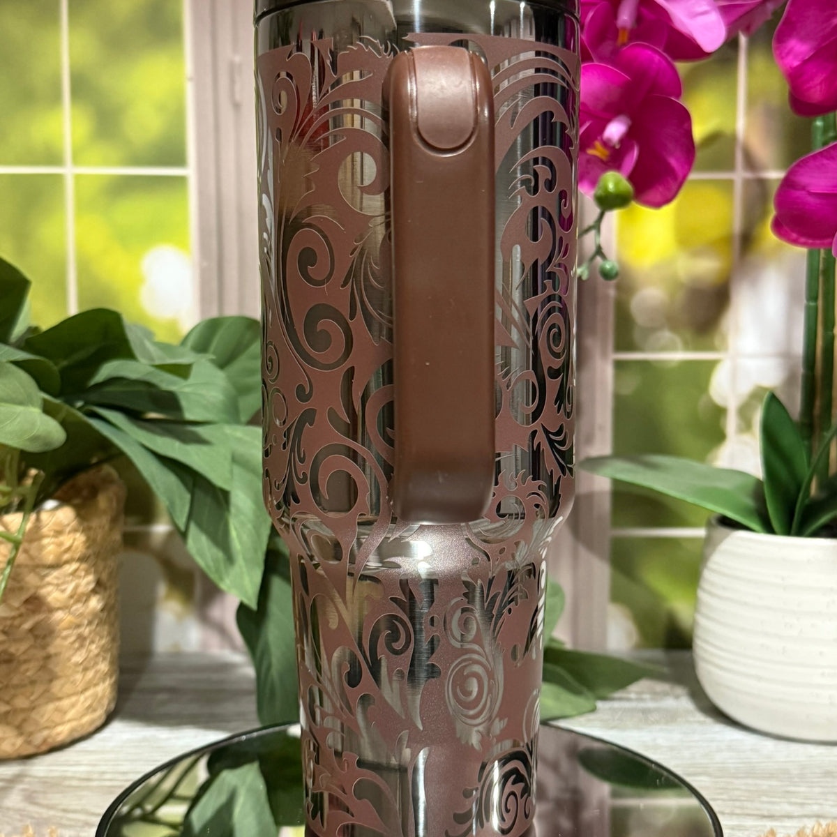 Tooled Leather Design 40oz Chocolate Onyx Tumbler Cup with Handle – laser engraved Western Style Cup, Ready to Ship