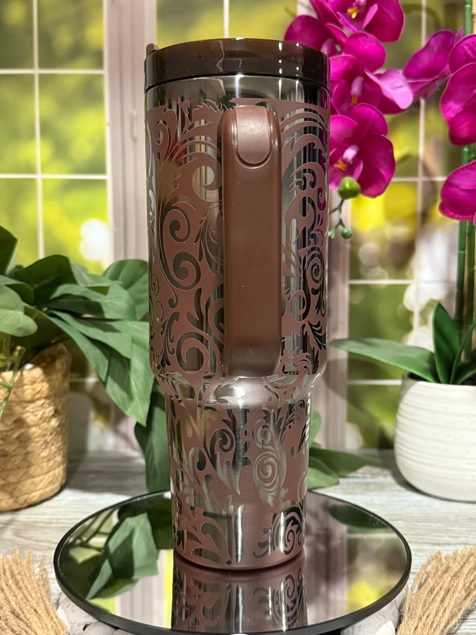 Tooled Leather Design 40oz Chocolate Onyx Tumbler Cup with Handle – Laser Engraved Western Style Cup, Ready to Ship