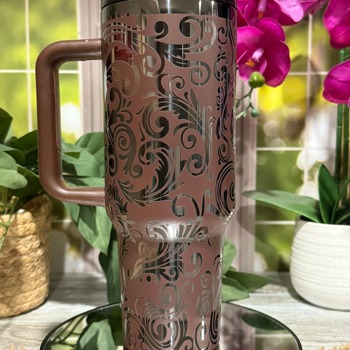 Tooled Leather Design 40oz Chocolate Onyx Tumbler Cup with Handle – laser engraved Western Style Cup, Ready to Ship