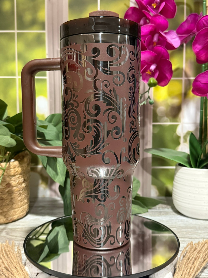 Tooled Leather Design 40oz Chocolate Onyx Tumbler Cup with Handle – laser engraved Western Style Cup, Ready to Ship
