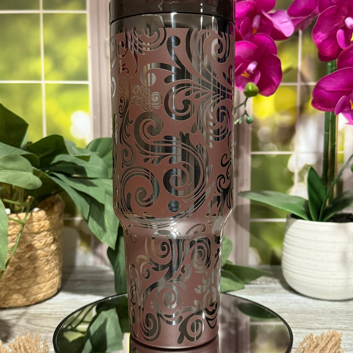 Tooled Leather Design 40oz Chocolate Onyx Tumbler Cup with Handle – laser engraved Western Style Cup, Ready to Ship