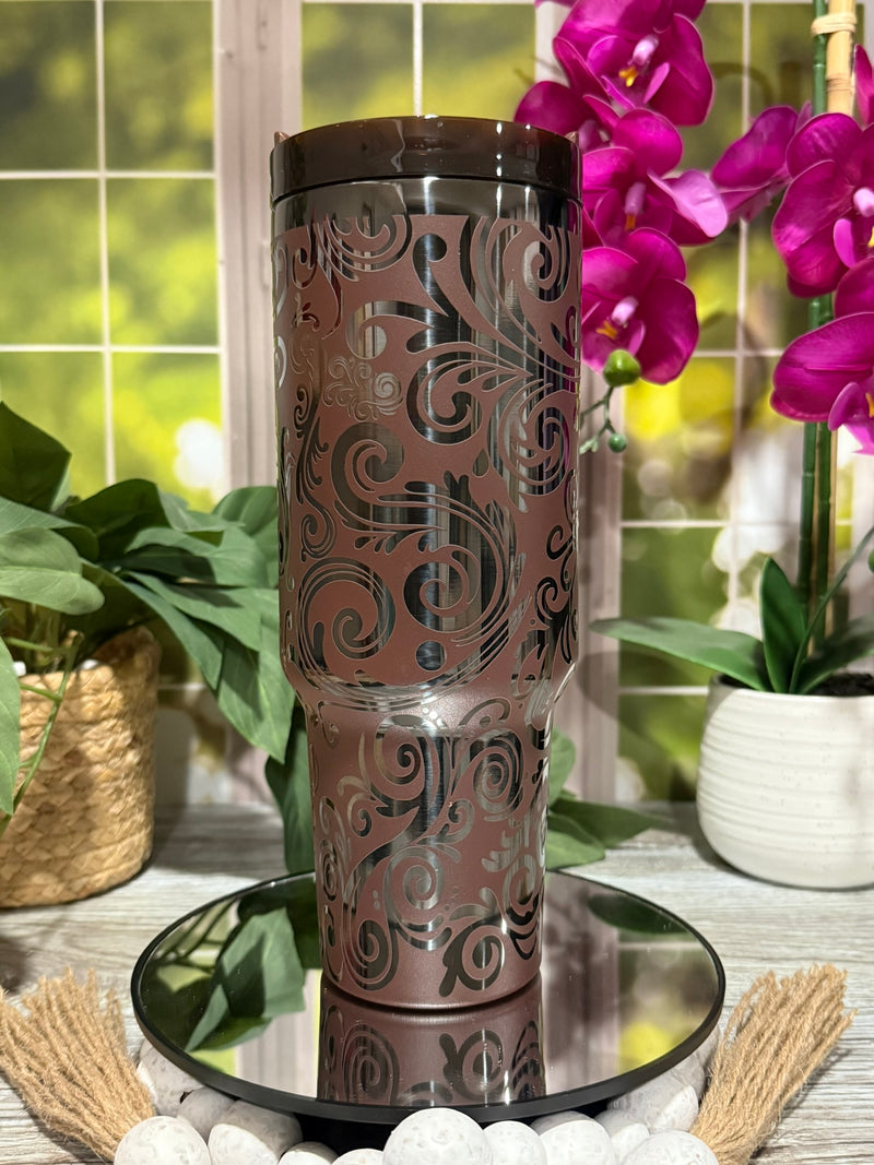 Tooled Leather Design 40oz Chocolate Onyx Tumbler Cup with Handle – laser engraved Western Style Cup, Ready to Ship
