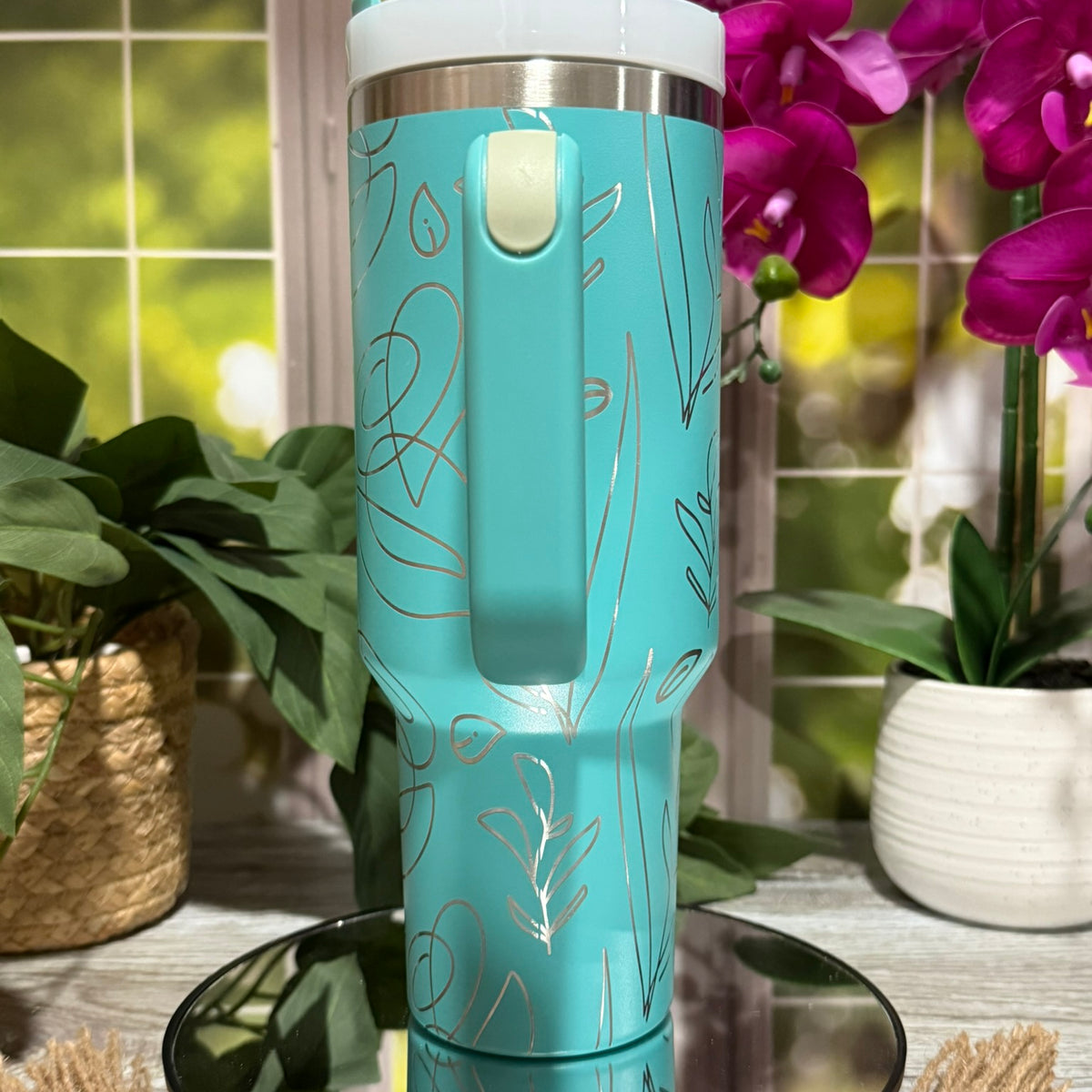 Abstract Flowers 40oz Teal Tumbler Cup with Handle – laser engraved Modern Floral Design, Ready to Ship