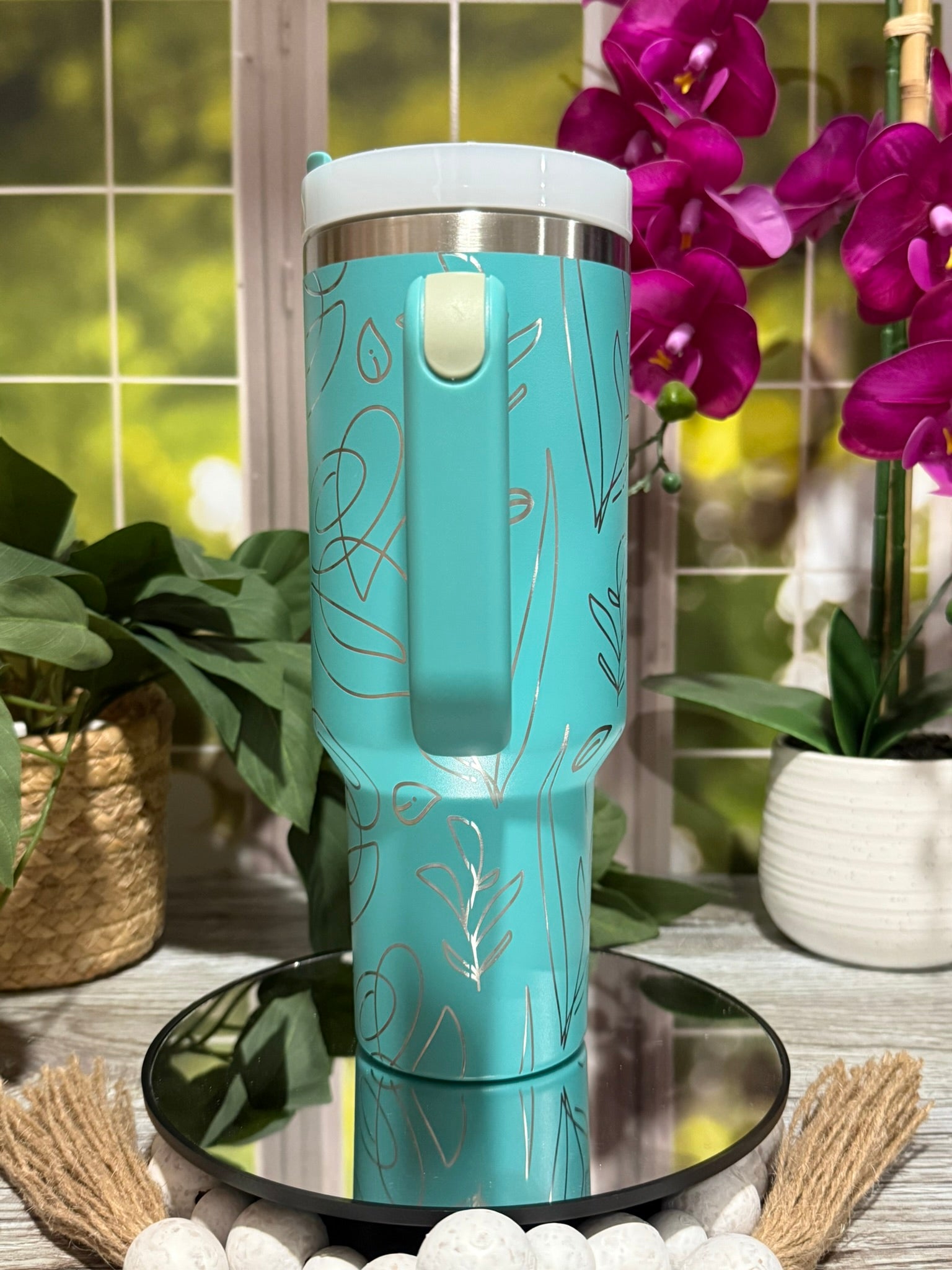 Abstract Flowers 40oz Teal Tumbler Cup with Handle – Laser Engraved Modern Floral Design, Ready to Ship