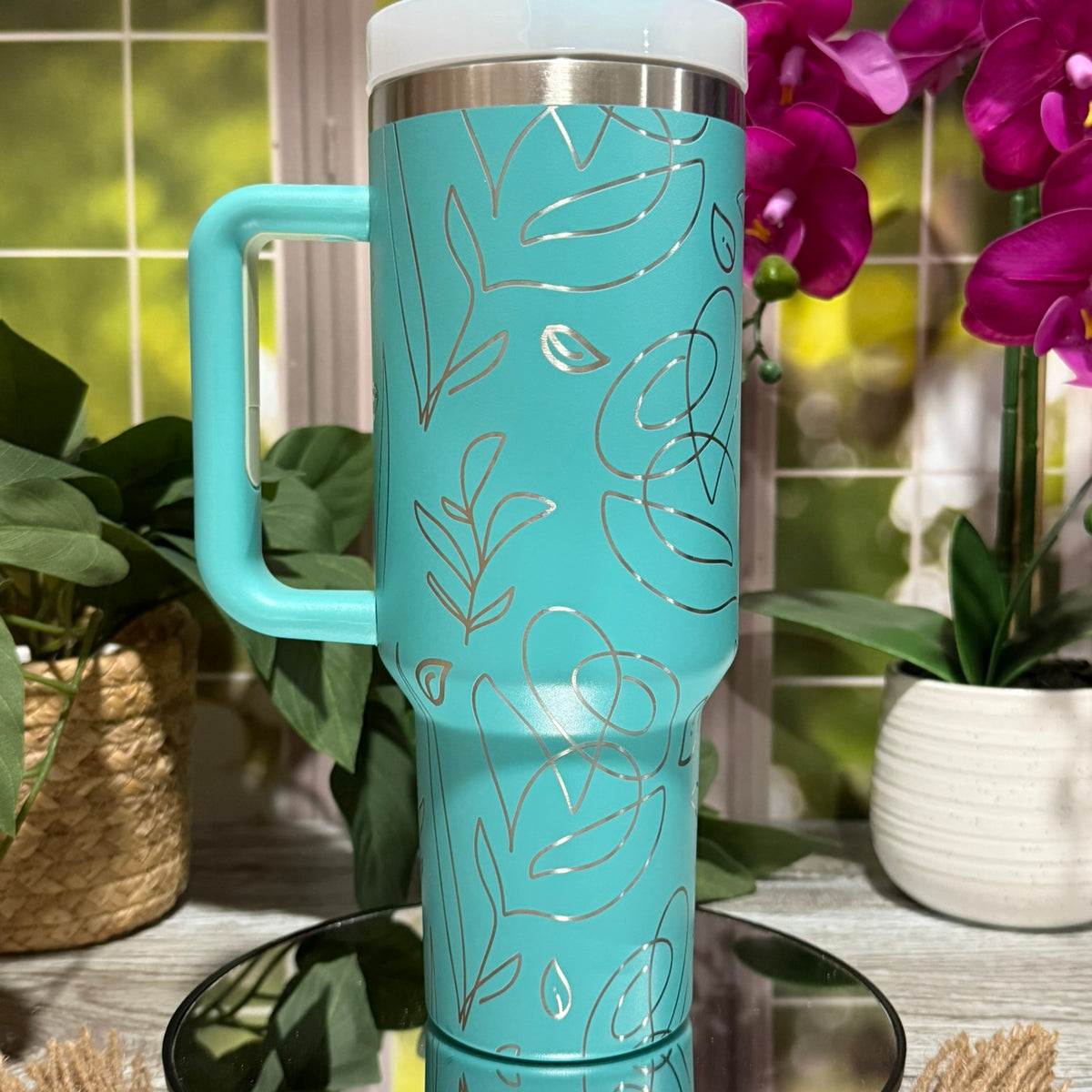 Abstract Flowers 40oz Teal Tumbler Cup with Handle – laser engraved Modern Floral Design, Ready to Ship