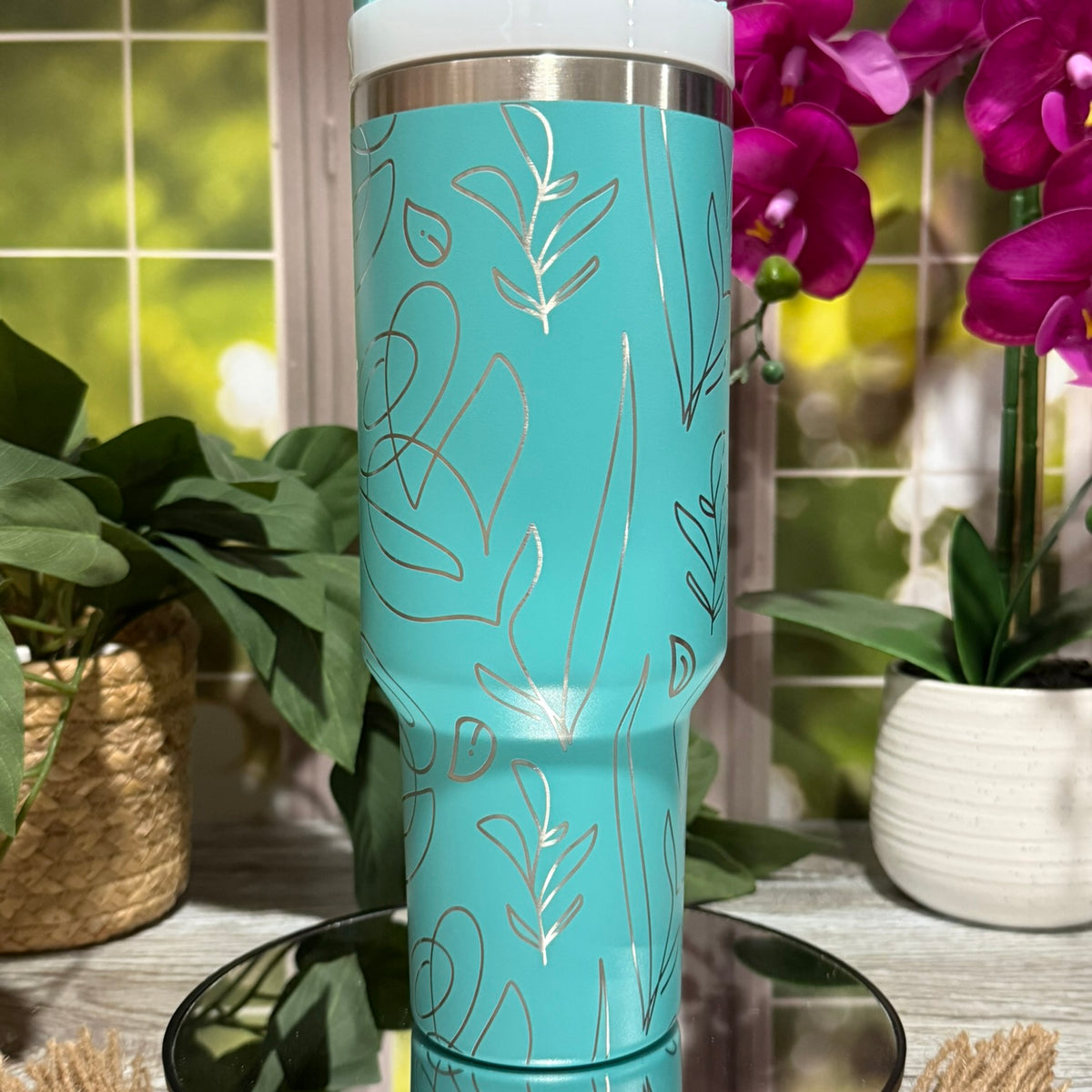 Abstract Flowers 40oz Teal Tumbler Cup with Handle – laser engraved Modern Floral Design, Ready to Ship